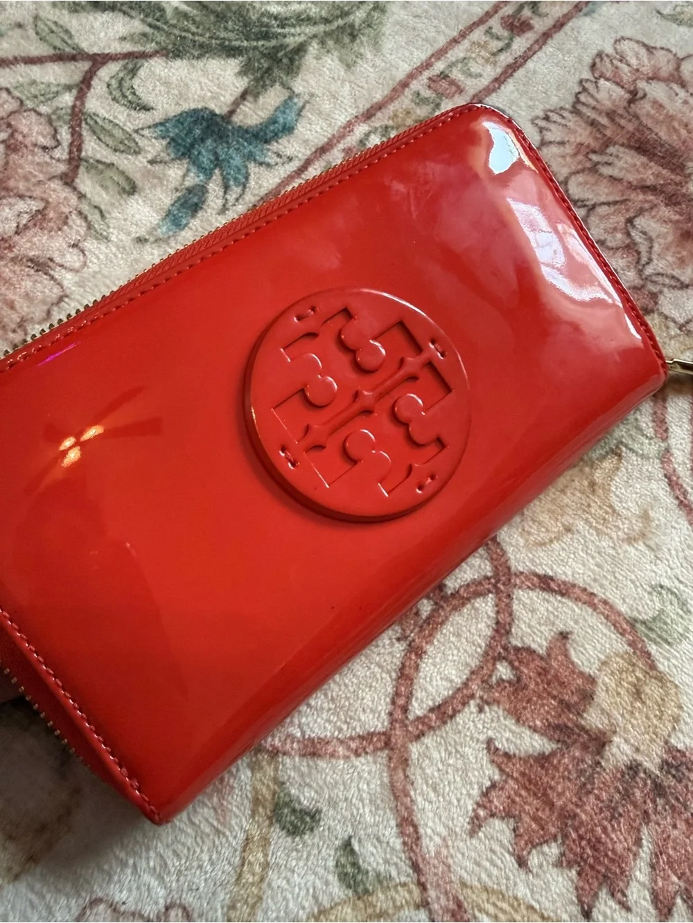 Tory Burch Glossy Red Patent Zip Wallet with Logo